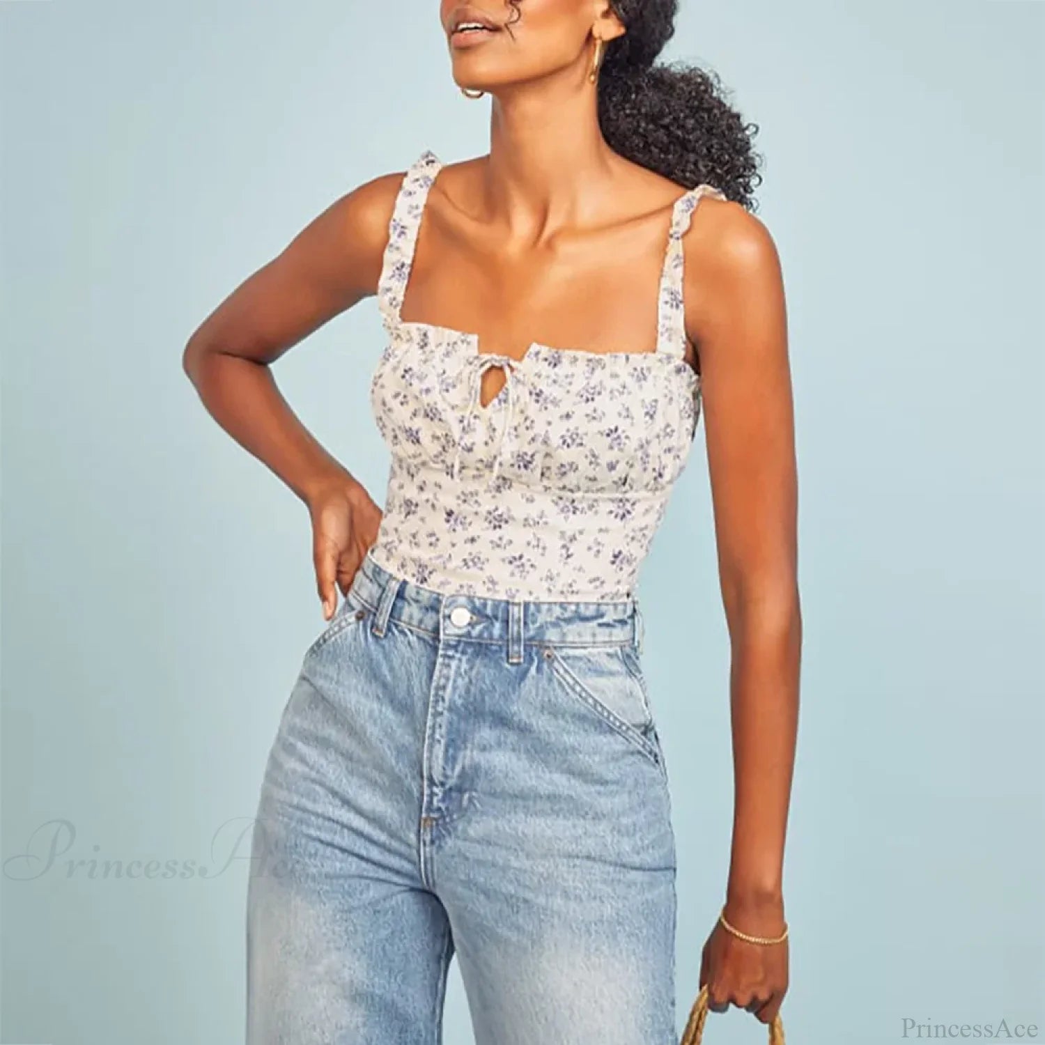 Polka Dot Square Neck Tie Sleeveless Frill Strap Smocked Fitted Sexy Crop Top WHITE2 / S croptop-250126