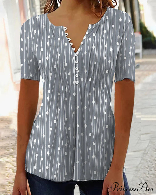 V-neck polka dot T-shirt Gray clothes SALE Short Sleeve Tops Spring Summer T-shirts Tops/Blouses