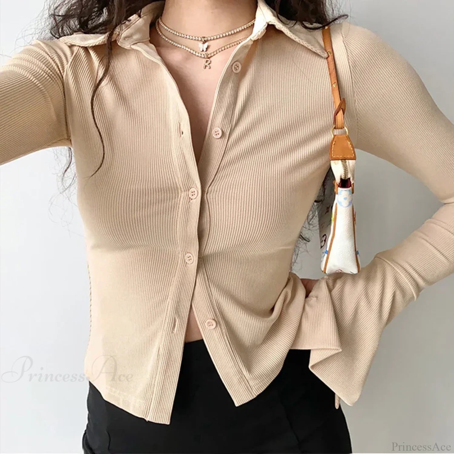 Polo Lapel Flared Sleeve Blouse blouse-250223