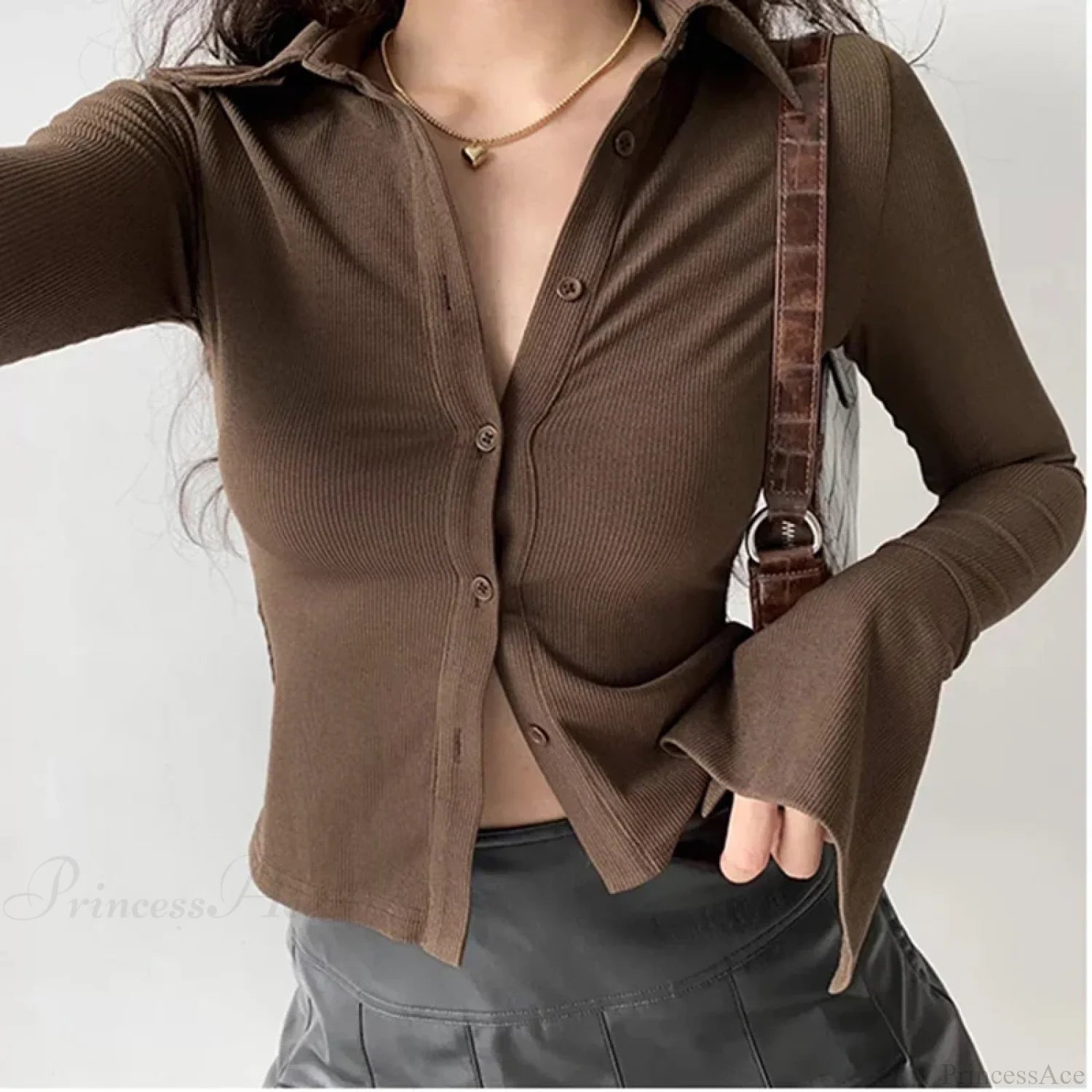 Polo Lapel Flared Sleeve Blouse Brown / S blouse-250223