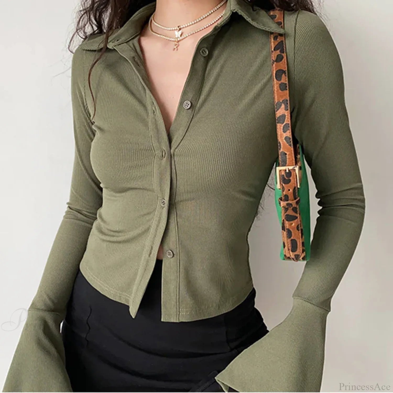 Polo Lapel Flared Sleeve Blouse Green / S blouse-250223
