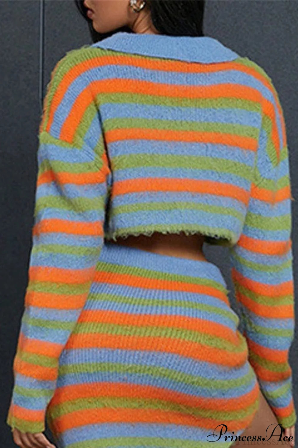 Polo Neck Striped Colorblock Slim Knit Crop Sweater
