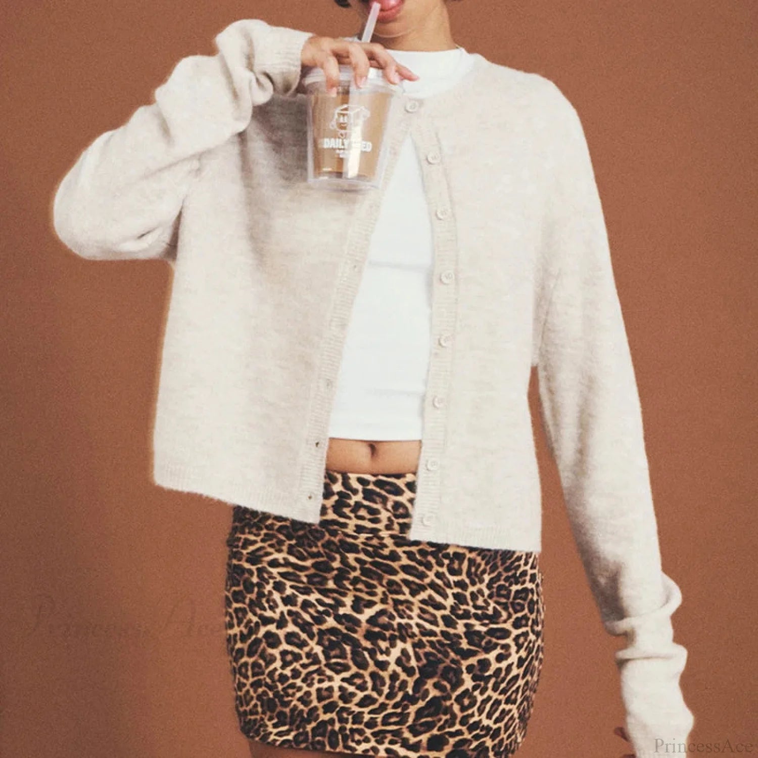 Preppy Crew Neck Button Up Front Cardigan Beige / S cardiagn-250126