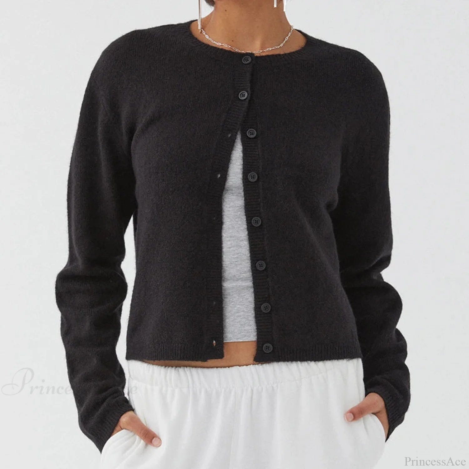 Preppy Crew Neck Button Up Front Cardigan Black / S cardiagn-250126