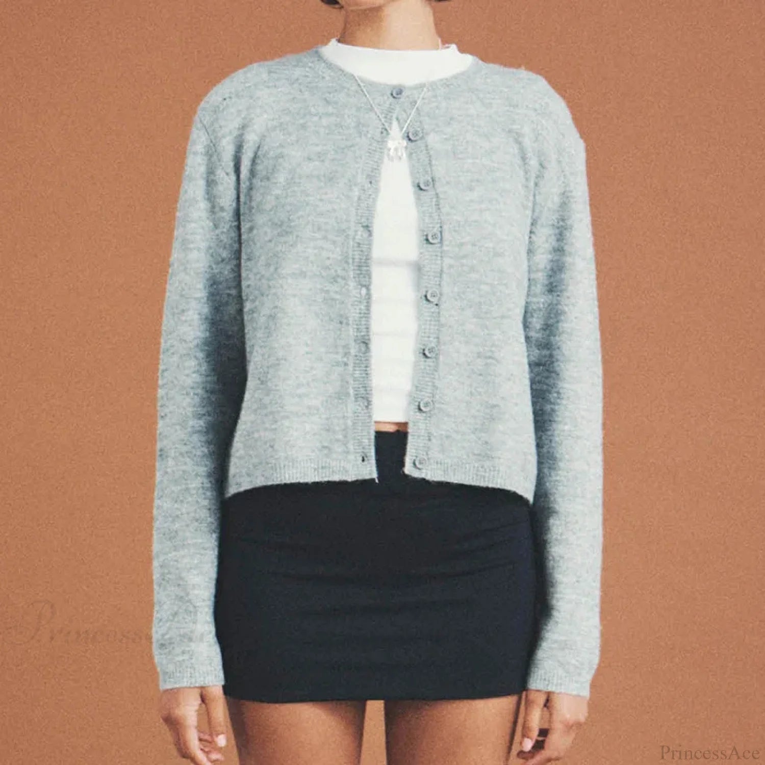 Preppy Crew Neck Button Up Front Cardigan GRAY / S cardiagn-250126