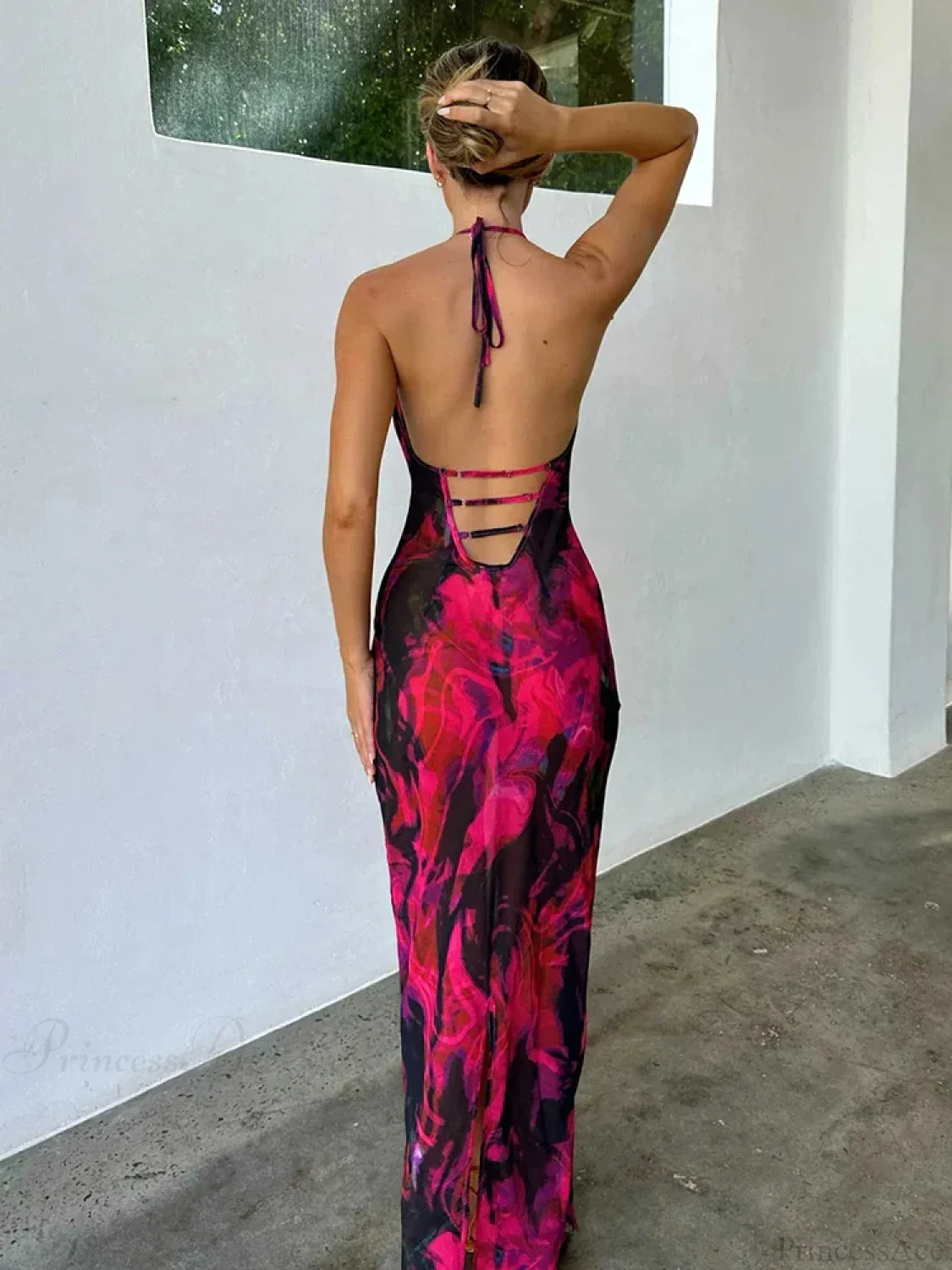 Print Elegant Midi Halter Vacation Dress vacationdress-250223