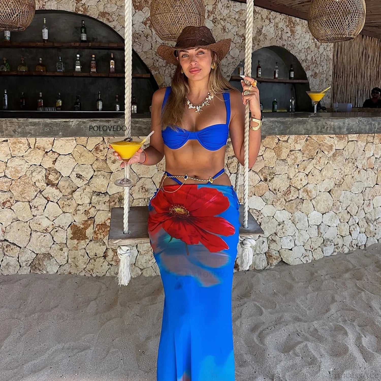 Print Long Dress Three Piece Swimsuit blue / S