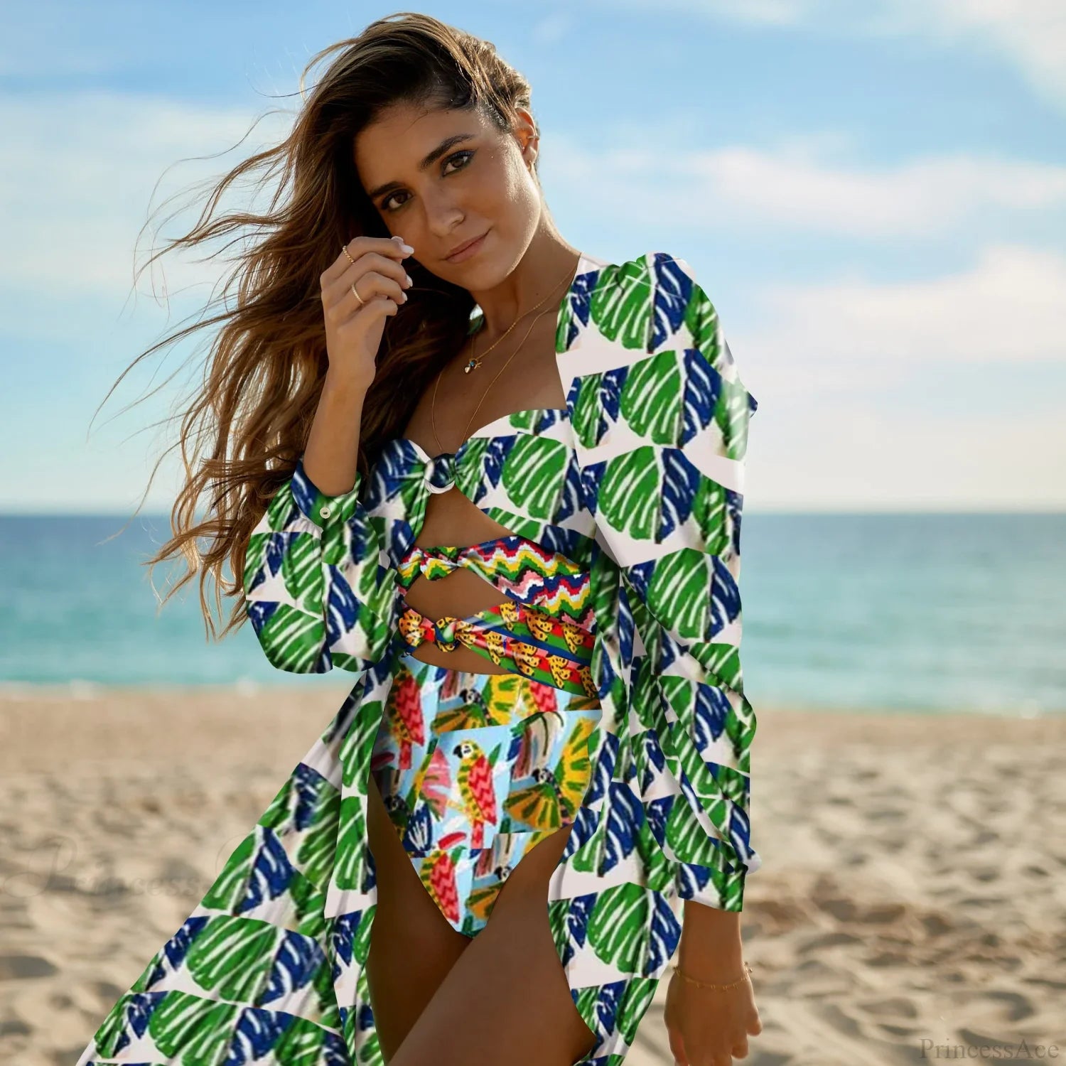 Print One-Piece Swimsuit Cover Up green2 / S