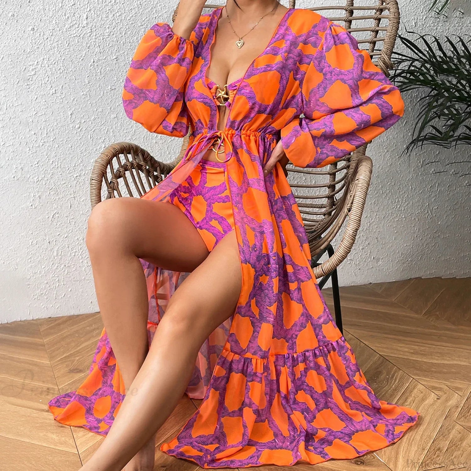 Print One-Piece Swimsuit Cover Up pink1 / S