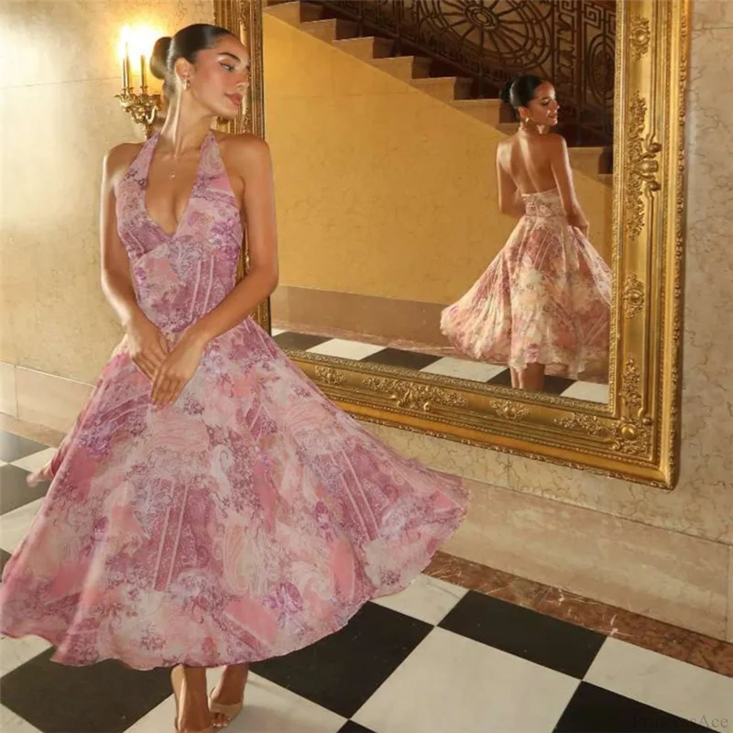 Print Pleated A-line Vacation Dress vacationdress-250223