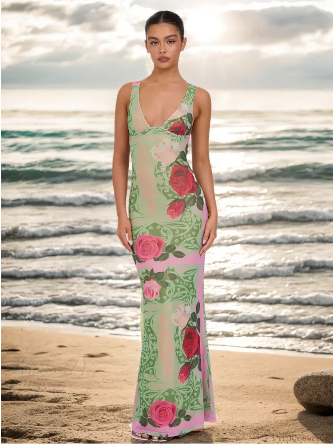 Print Slim Elegant Maxi Vacation Dress vacationdress-250223