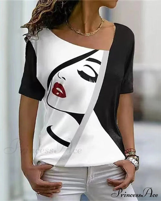 V-neck face print short-sleeved t-shirt Black 23BF clothes Short Sleeve Tops Spring Summer T-shirts Tops/Blouses