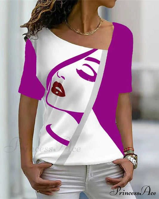 V-neck face print short-sleeved t-shirt Purple 23BF clothes Short Sleeve Tops Spring Summer T-shirts Tops/Blouses