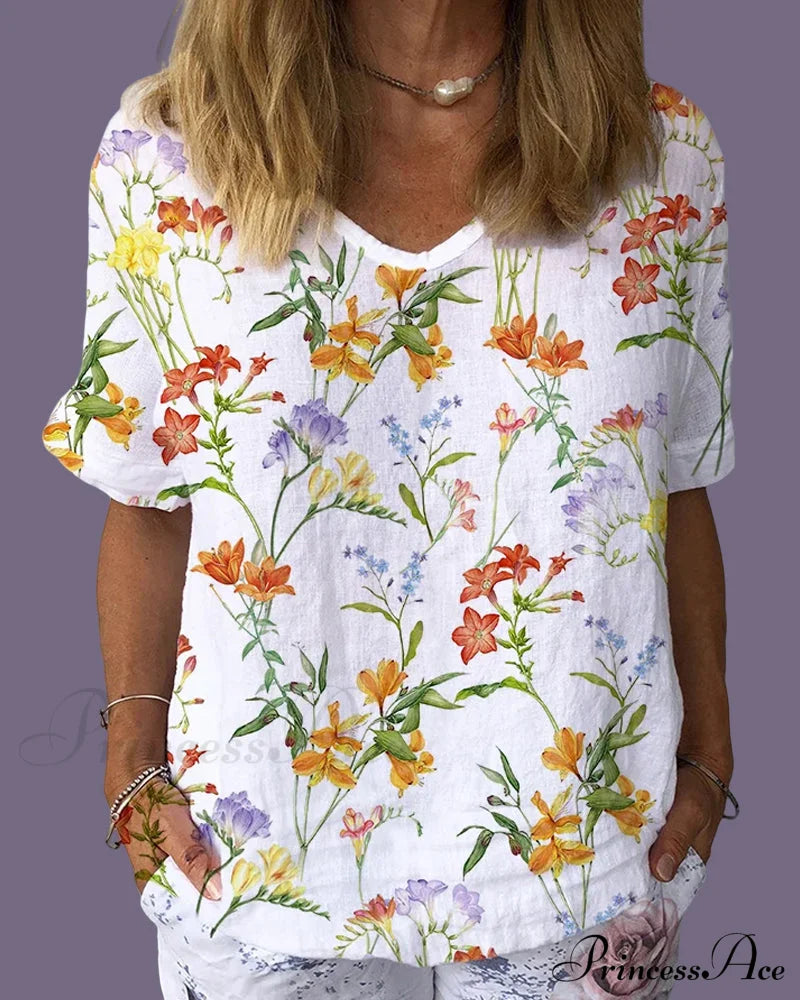 Print With Flowered Tee Short Sleeves T-Shirts