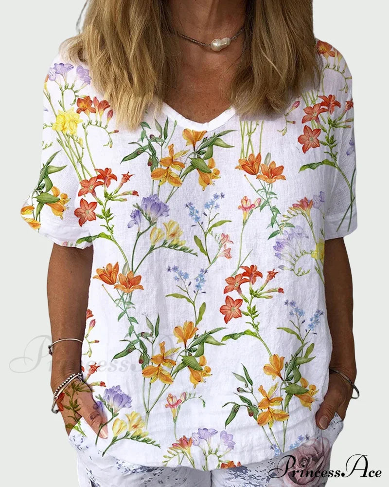 Print With Flowered Tee Short Sleeves T-Shirts