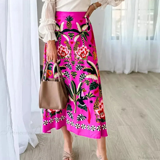 Printed A-Line Skirt Plants Flowers Zipper Spring Summer Fashion Skirt Rose / S skirt-250126