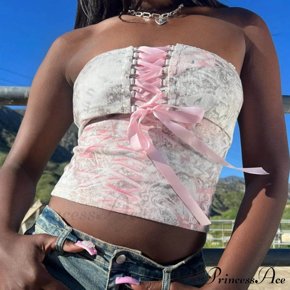 Printed Corset Pink Charming Ribbon Tie-Up Tube Top