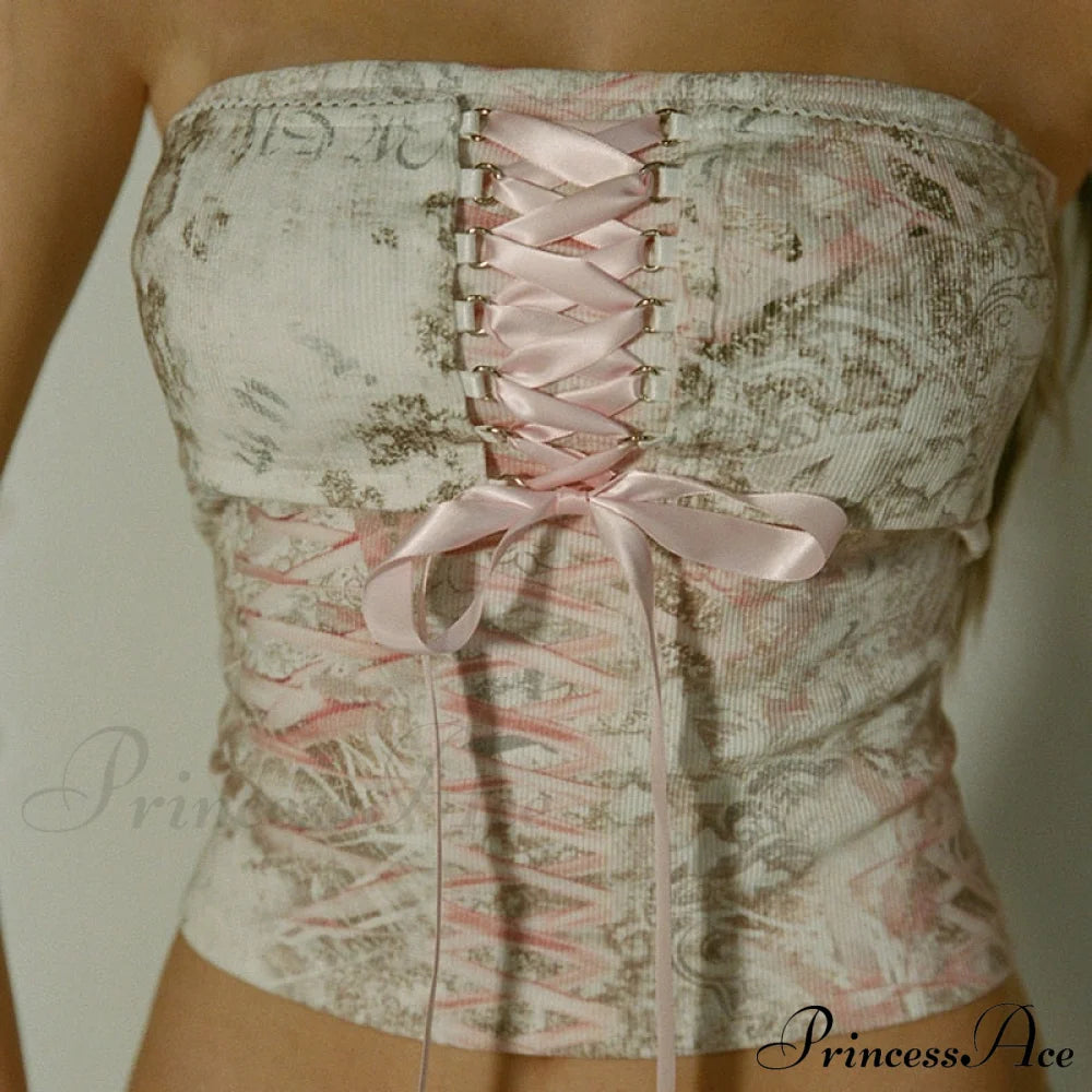 Printed Corset Pink Charming Ribbon Tie-Up Tube Top