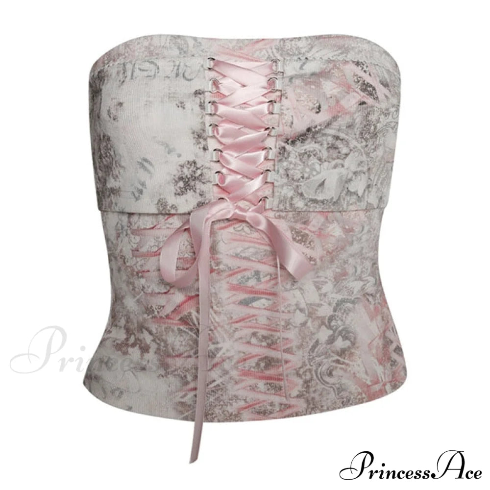 Printed Corset Pink Ribbon Tie-Up Tube Top Free From Label