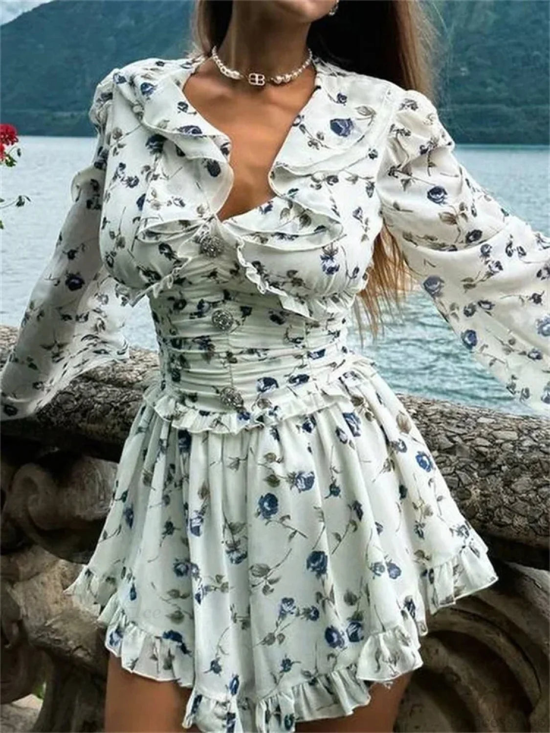 Printed Drawstring Bandage Mini Dress WHITE / S minidress-250223