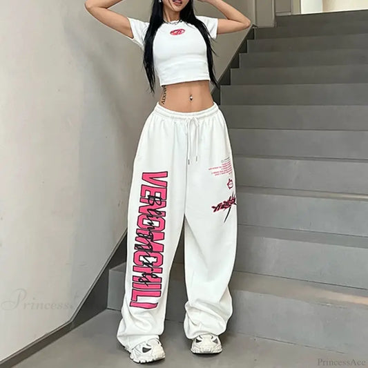 Printed Drawstring Casual Pants White 2 / S (38-45KG)