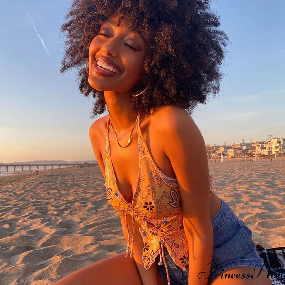 Printed Halter Stylish Drawstring Top Top