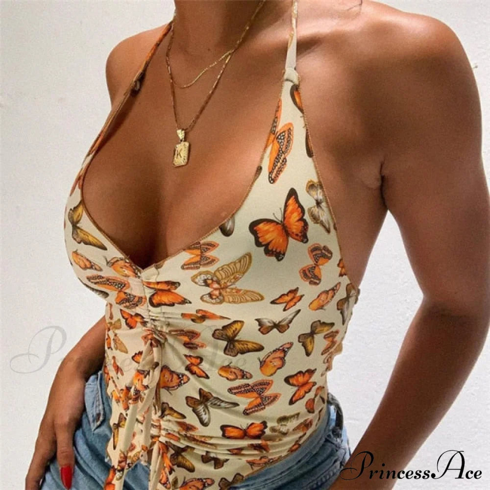 Printed Halter Drawstring Top Free From Label
