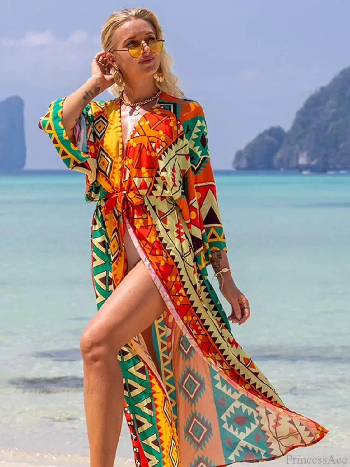 Printed Lace Up Bikini Cover Up color4 / One Size