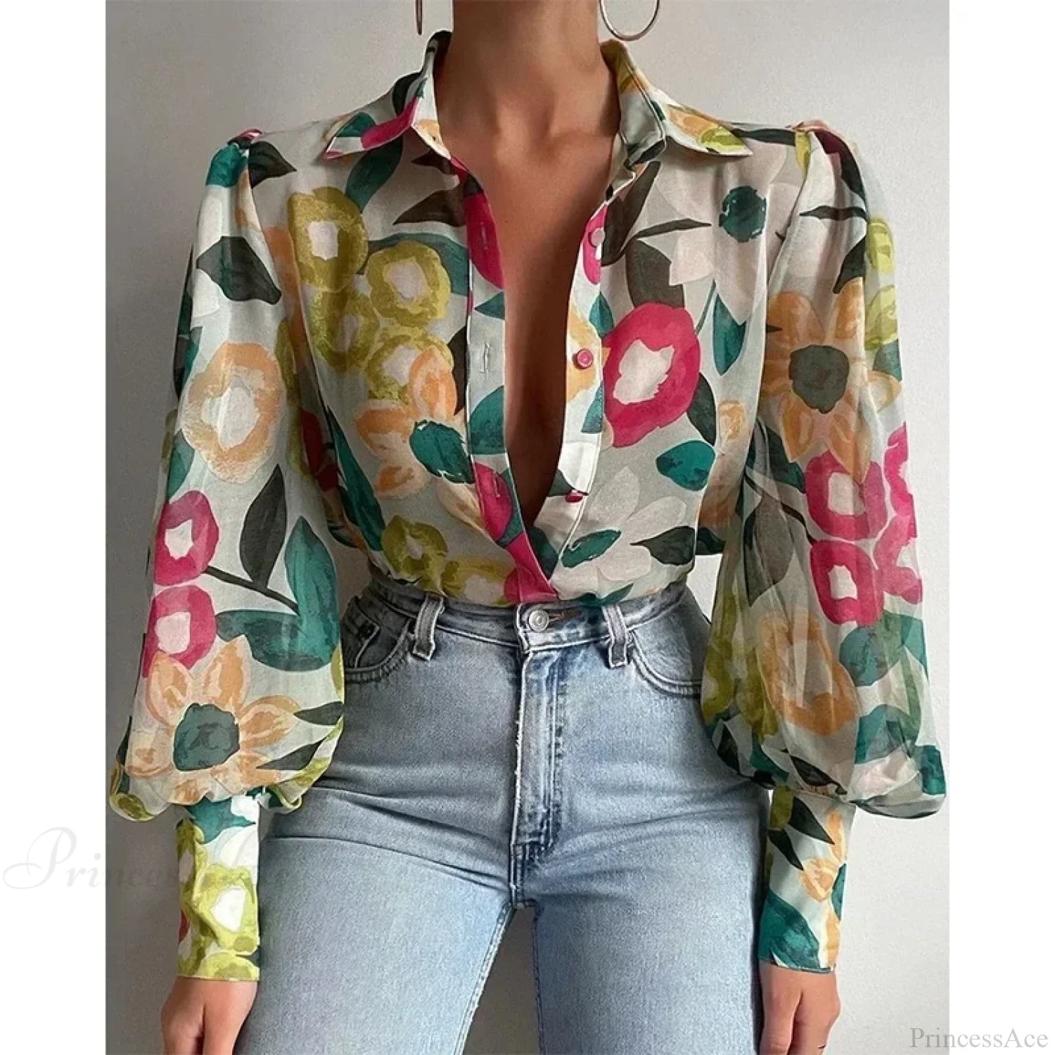 Printed Lantern Sleeve Vintage Floral Button Long Sleeve Blouse blouse-250126