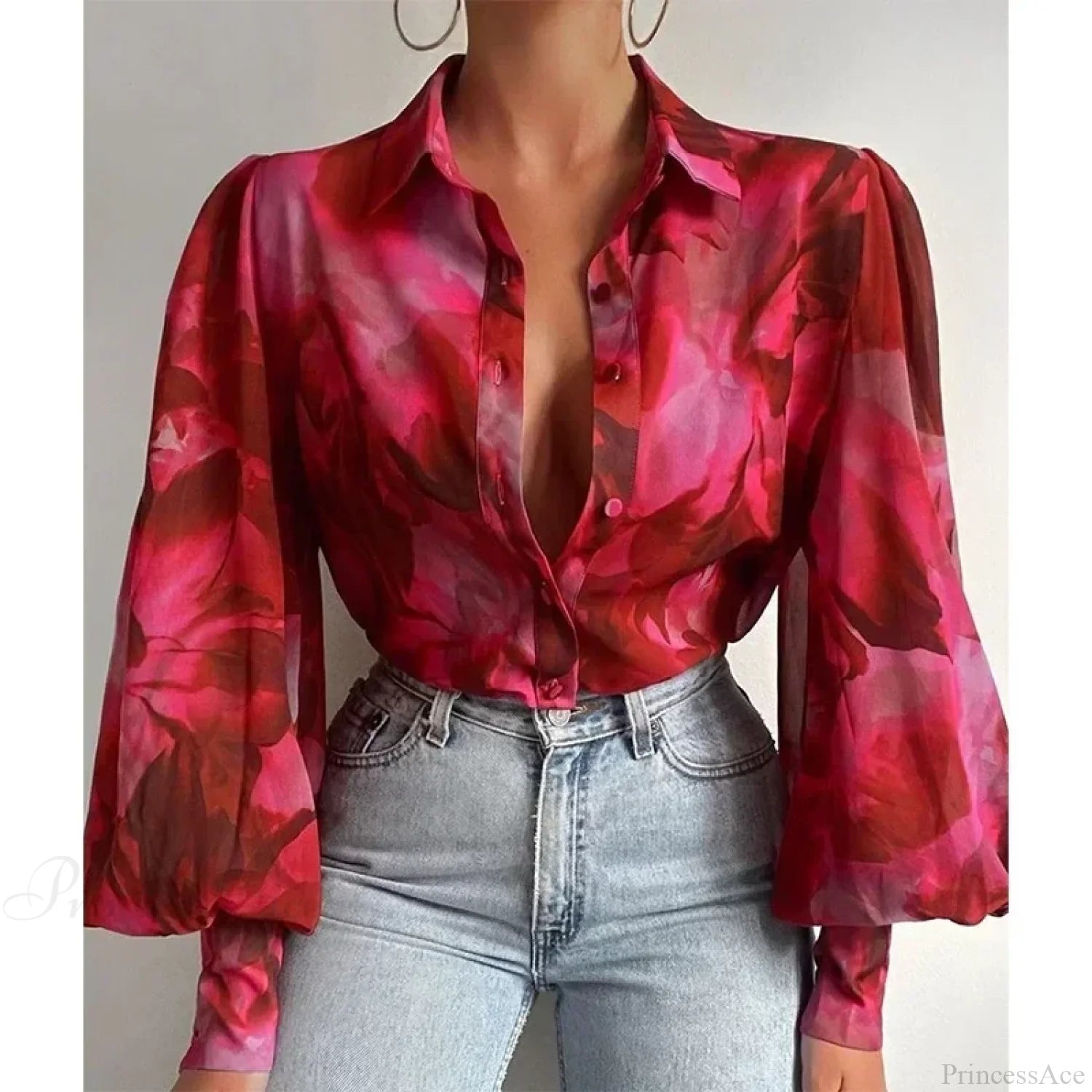 Printed Lantern Sleeve Vintage Floral Button Long Sleeve Blouse blouse-250126