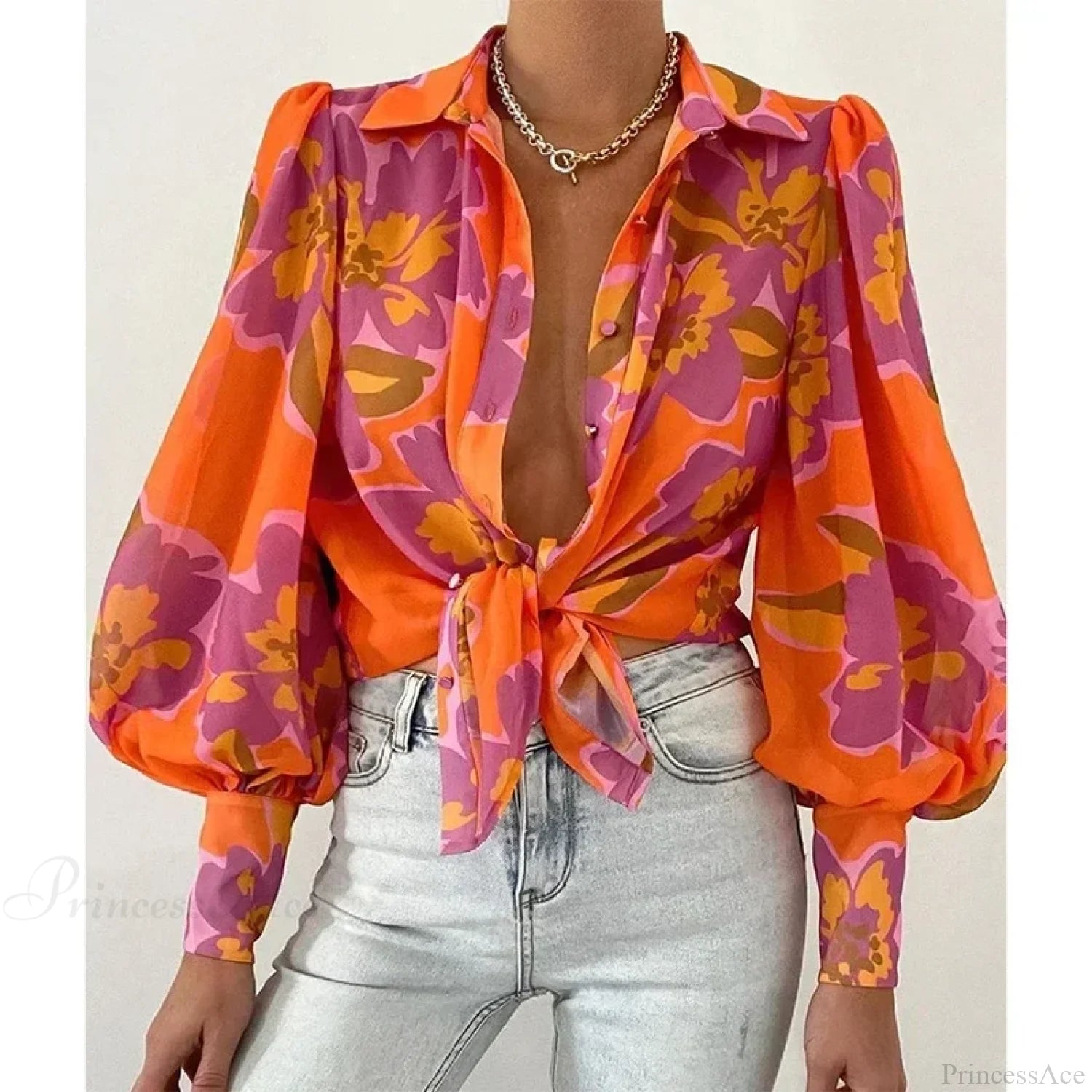 Printed Lantern Sleeve Vintage Floral Button Long Sleeve Blouse blouse-250126
