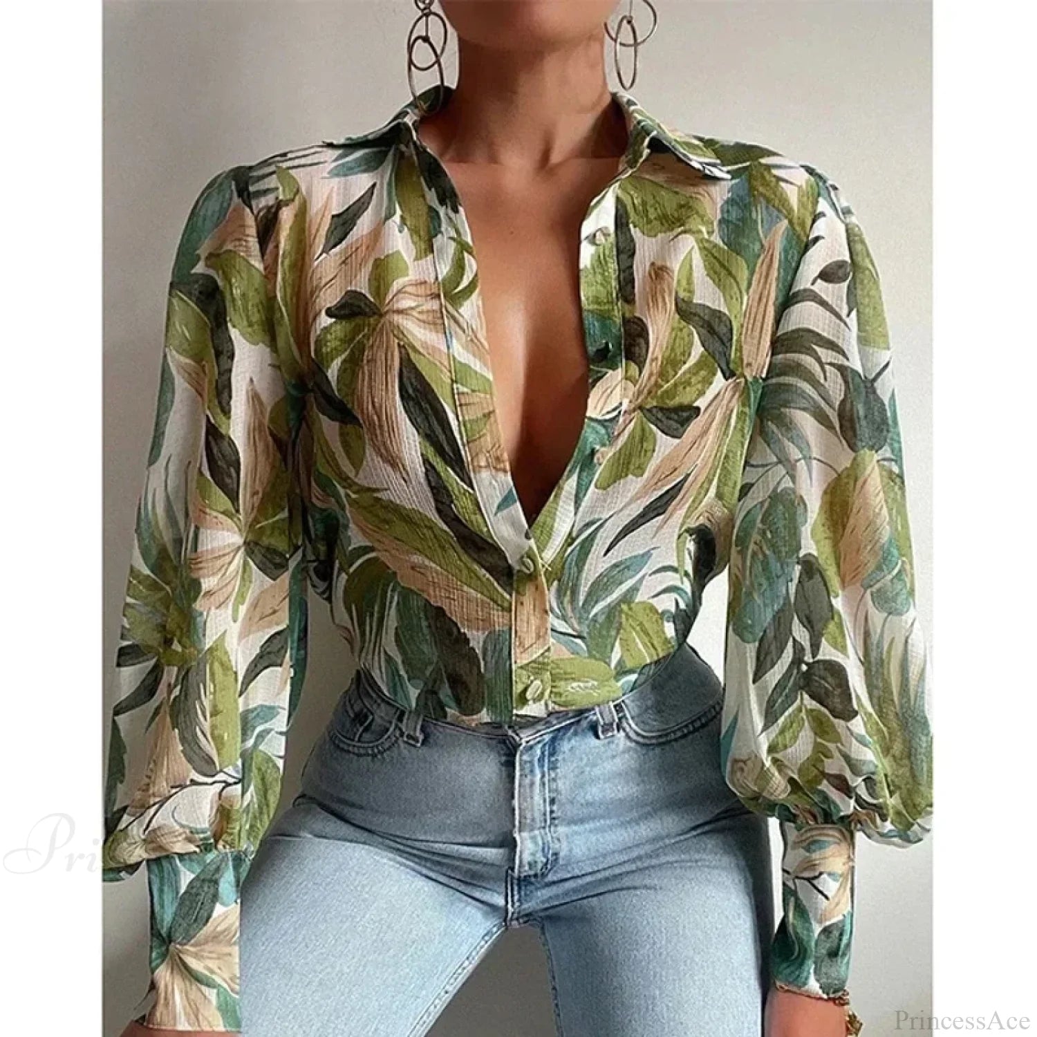 Printed Lantern Sleeve Vintage Floral Button Long Sleeve Blouse blouse-250126