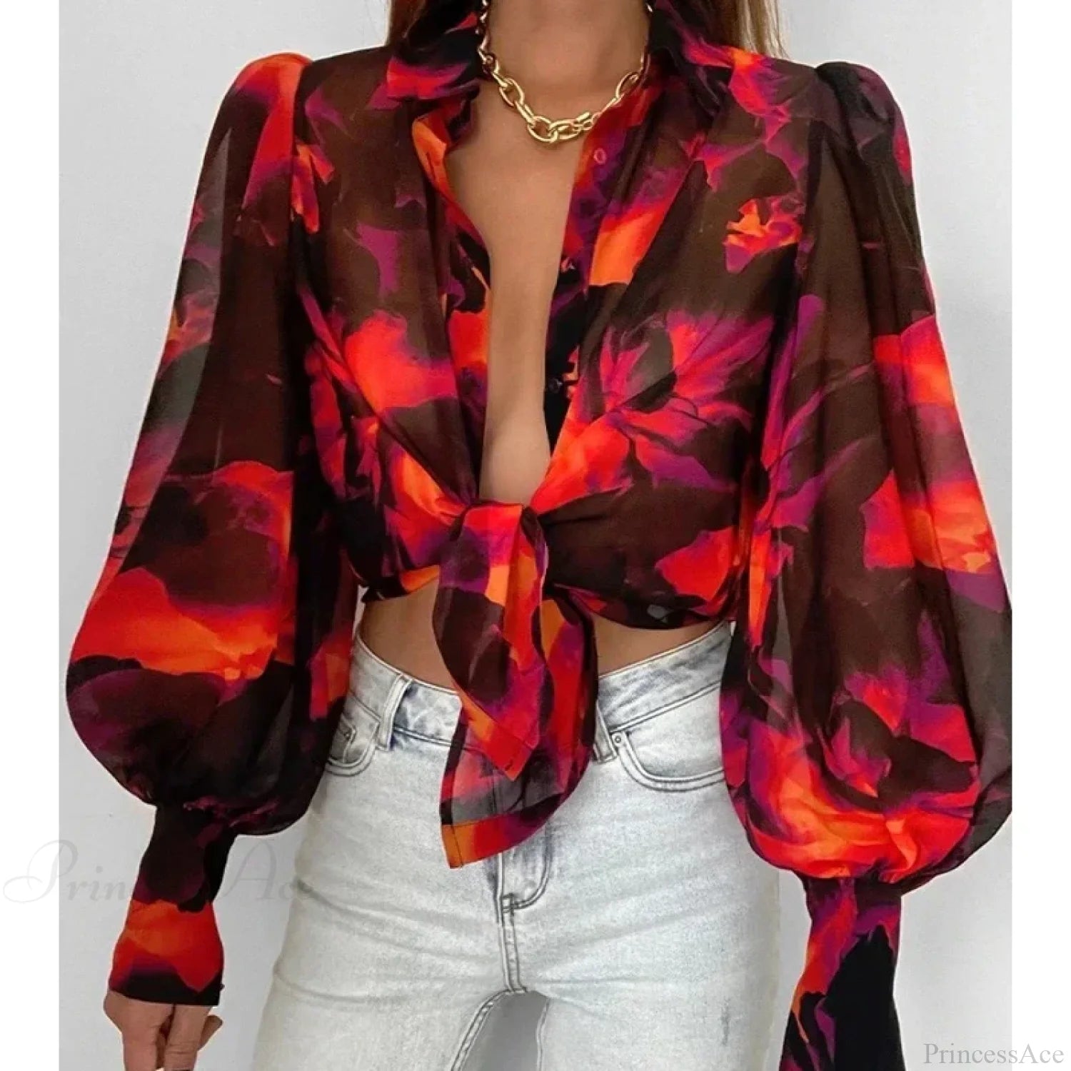 Printed Lantern Sleeve Vintage Floral Button Long Sleeve Blouse blouse-250126