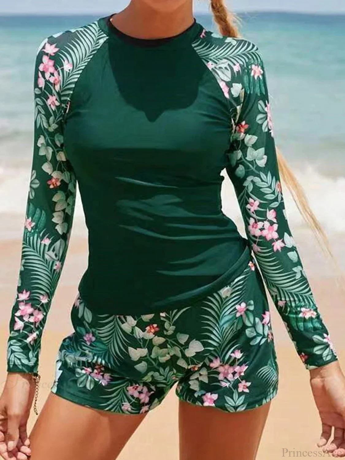 Printed Long Sleeve Surf Two Piece Set Green / S