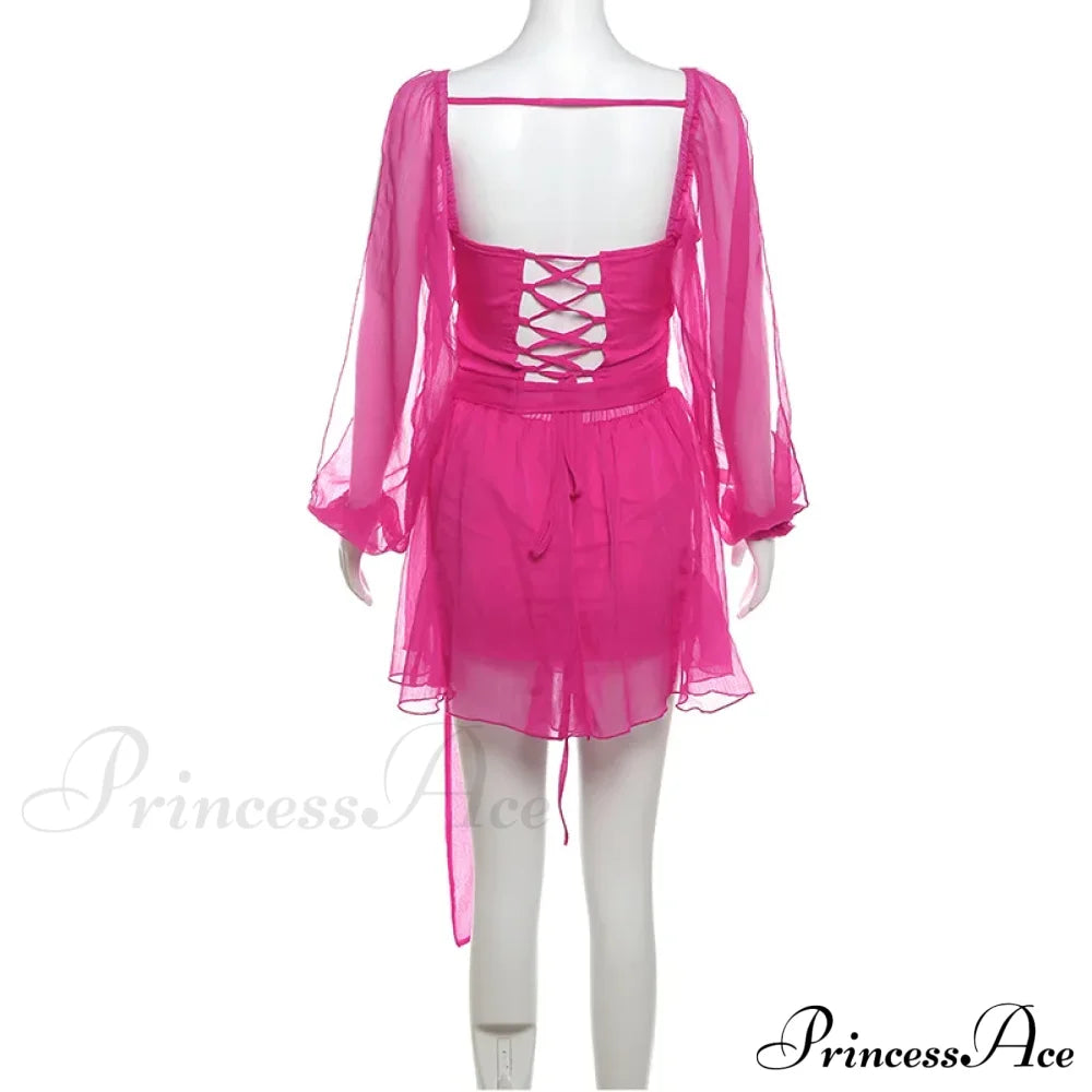 Printed Long Slit Charming Sleeve Mini Dress Mesh Short