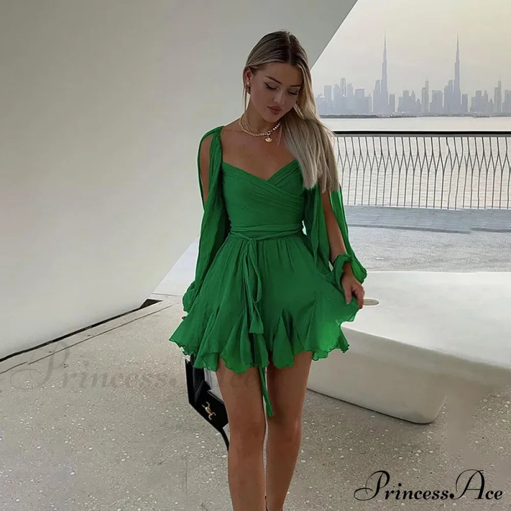 Printed Long Slit Charming Sleeve Mini Dress Mesh Short