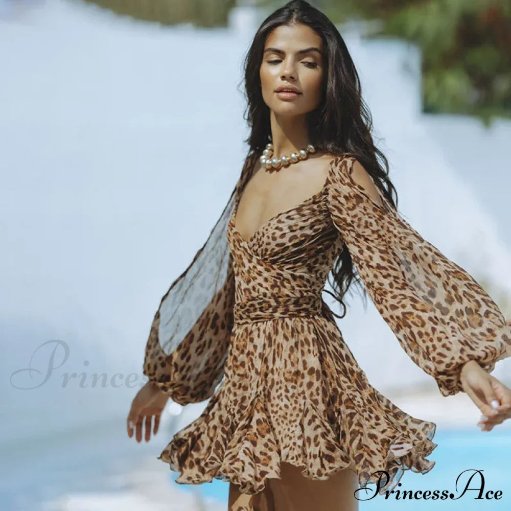 Printed Long Slit Charming Sleeve Mini Dress Mesh Short