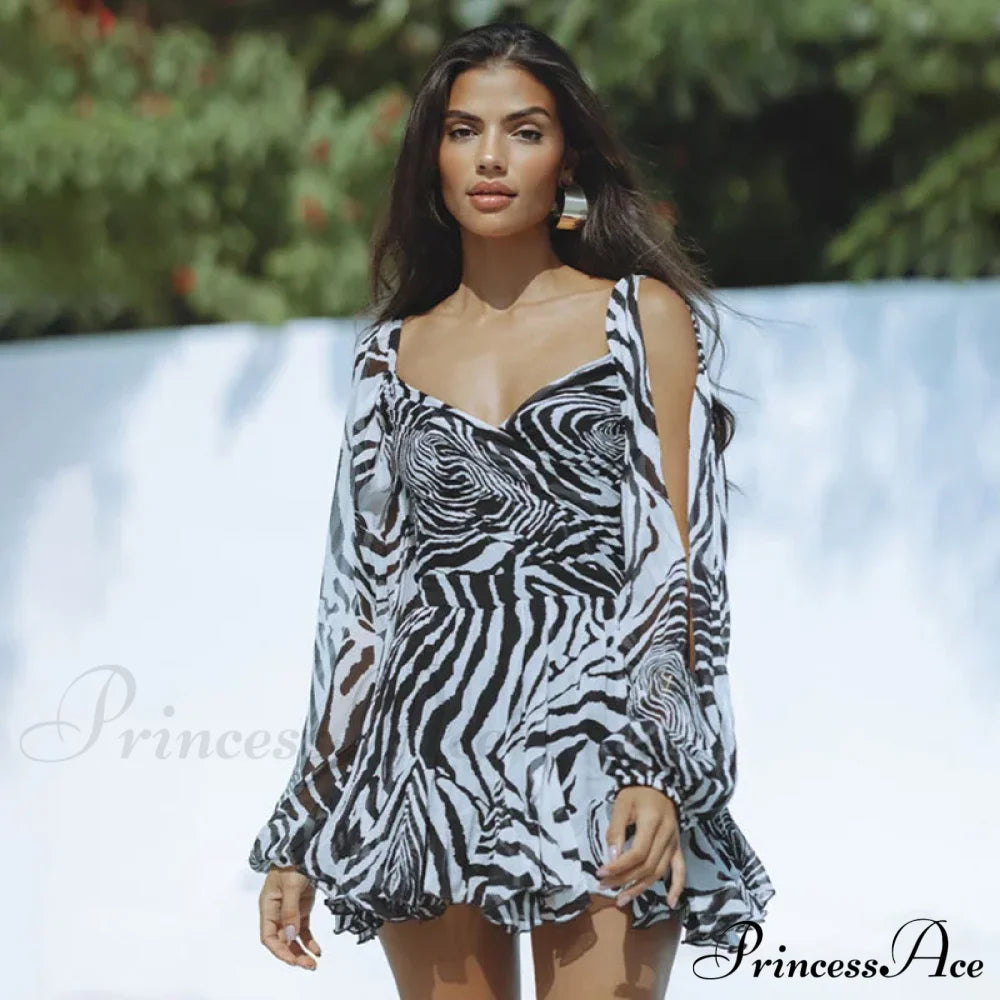 Printed Long Slit Charming Sleeve Mini Dress Mesh Short