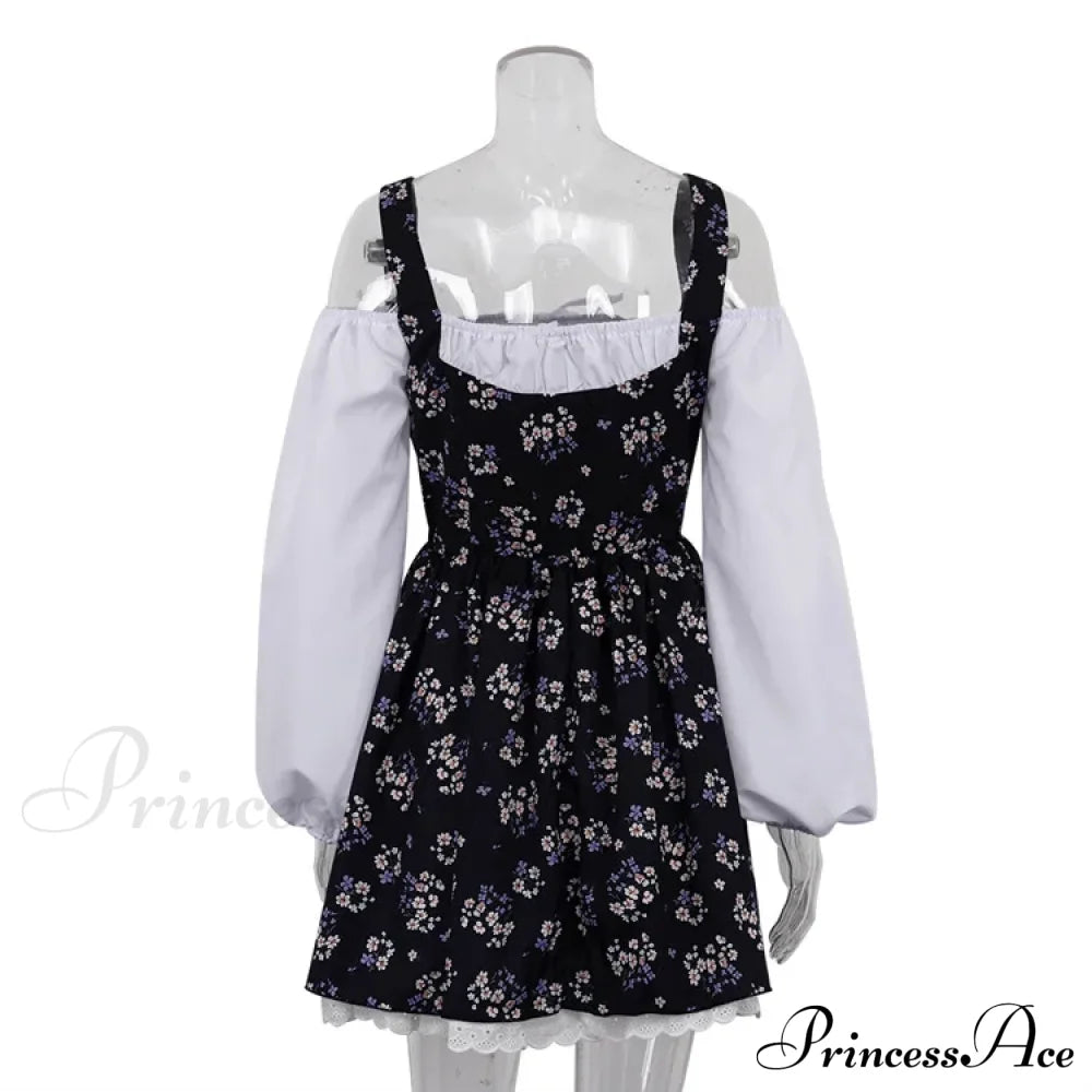 Printed Off-Shoulder Lantern Charming Sleeve Flare Mini Dress