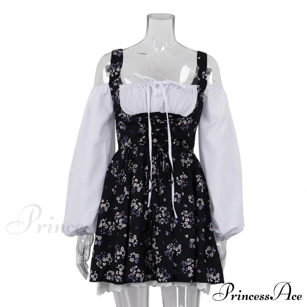 Printed Off-Shoulder Lantern Charming Sleeve Flare Mini Dress
