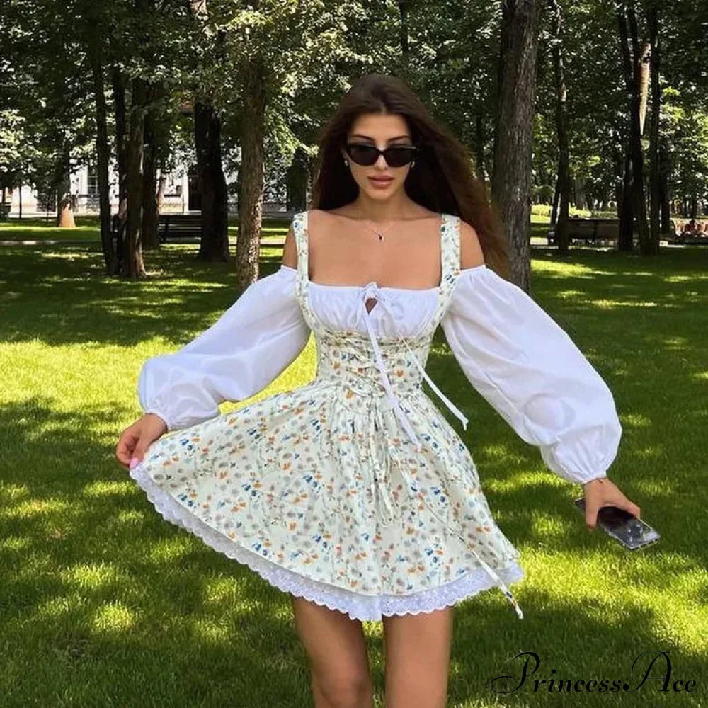 Printed Off-Shoulder Lantern Charming Sleeve Flare Mini Dress