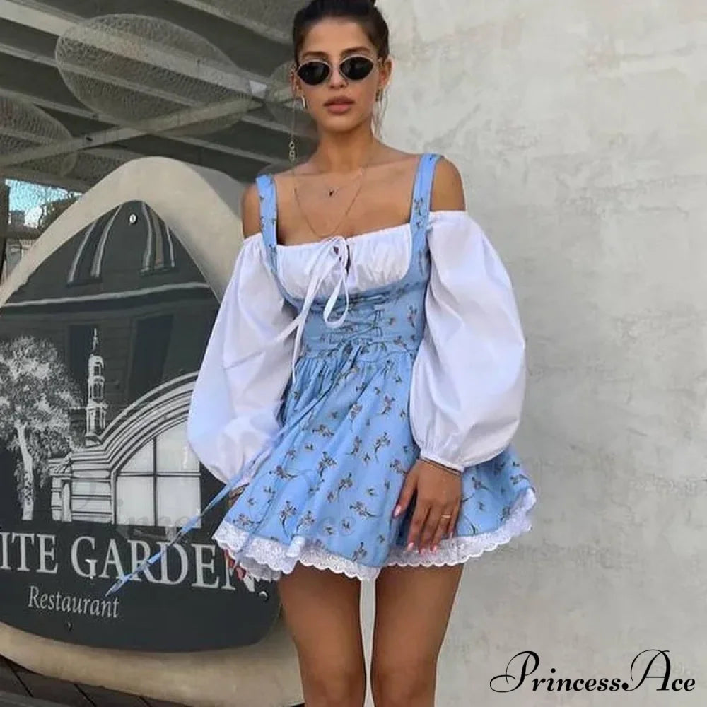Printed Off-Shoulder Lantern Charming Sleeve Flare Mini Dress