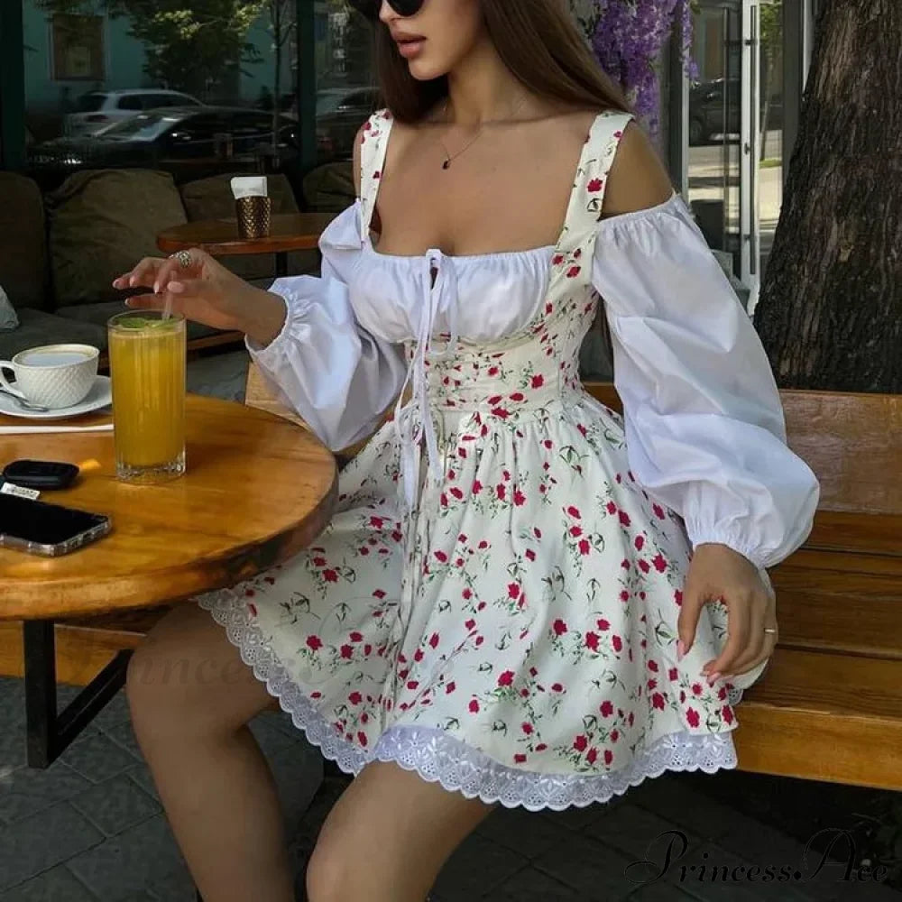 Printed Off-Shoulder Lantern Charming Sleeve Flare Mini Dress