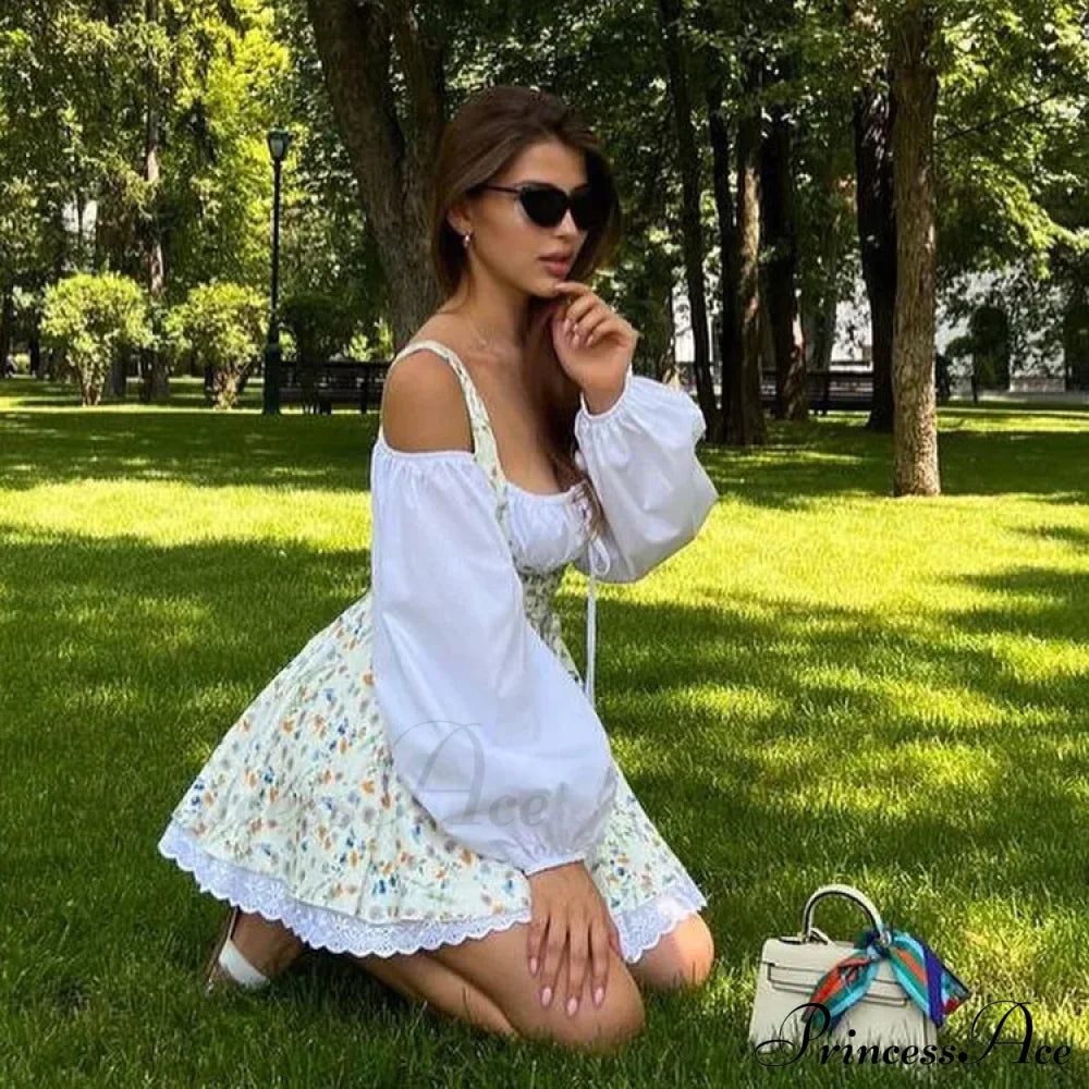 Printed Off-Shoulder Lantern Charming Sleeve Flare Mini Dress