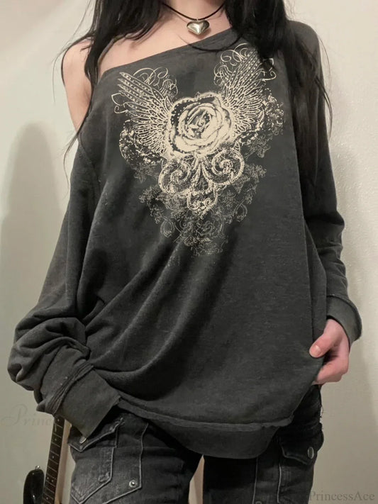 Printed Off-Shoulder Sweatshirt Vintage Loose Long Sleeve Pullover Sweater GRAY / S knittop-250126