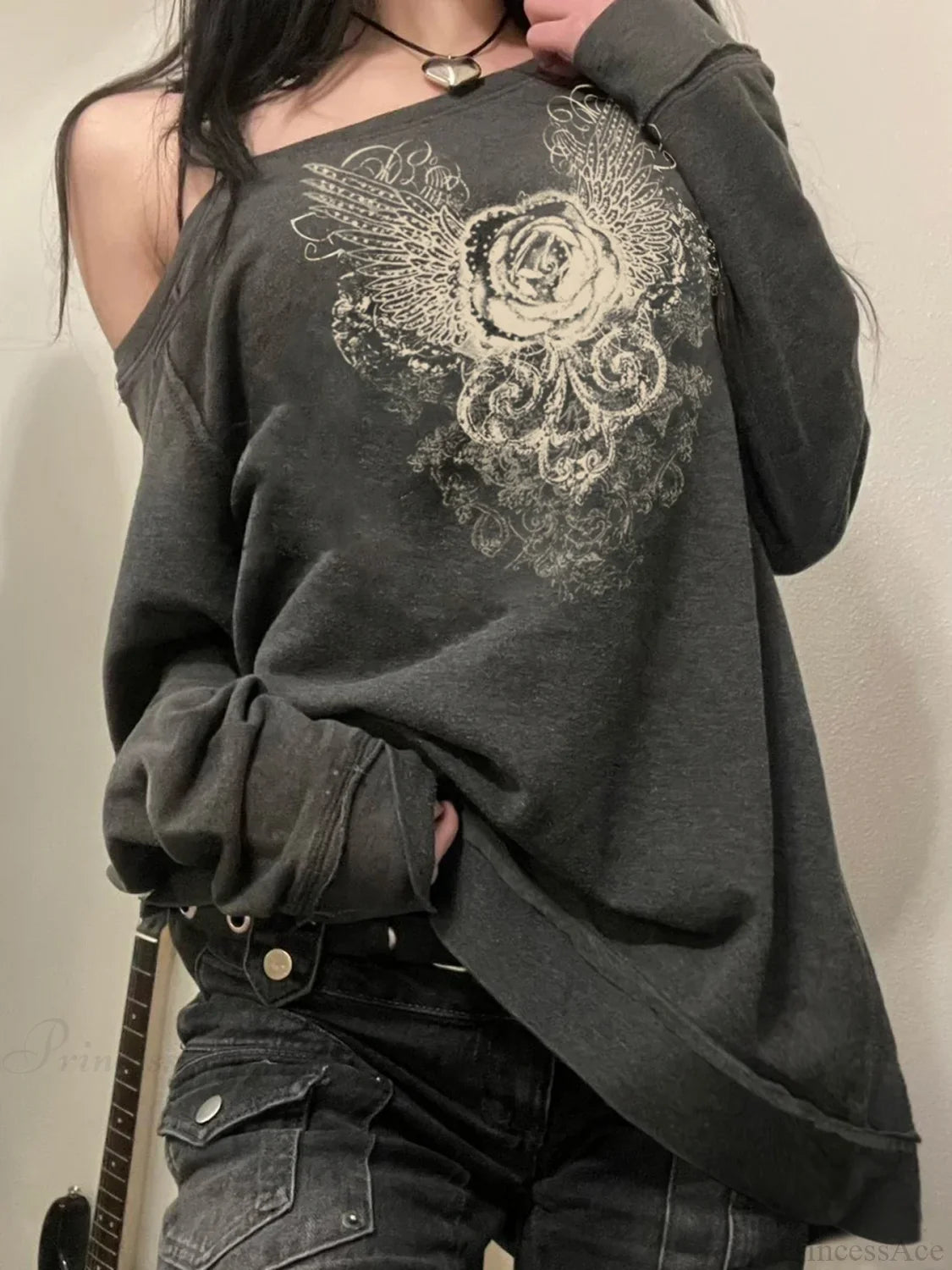 Printed Off-Shoulder Sweatshirt Vintage Loose Long Sleeve Pullover Sweater knittop-250126