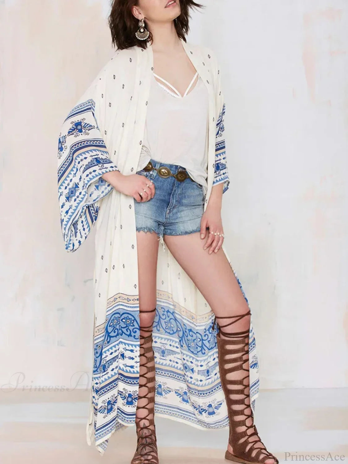 Printed Open Stitch Long Sleeve Cover Up Blue / One Size