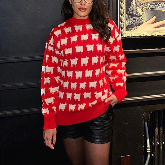 Printed Round Neck Casual Long Sleeve Sweater Red / S