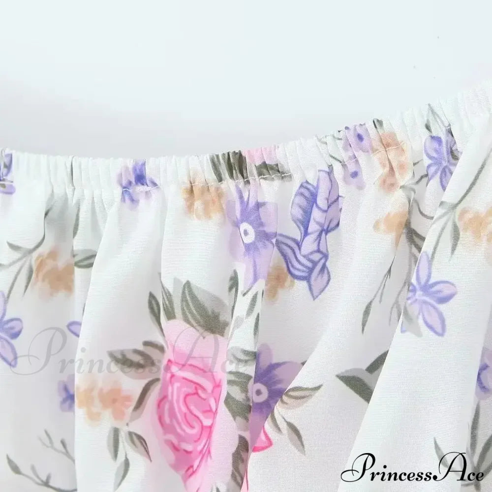 Printed Ruched Short Charming Puff Sleeve Crop Top Tanks