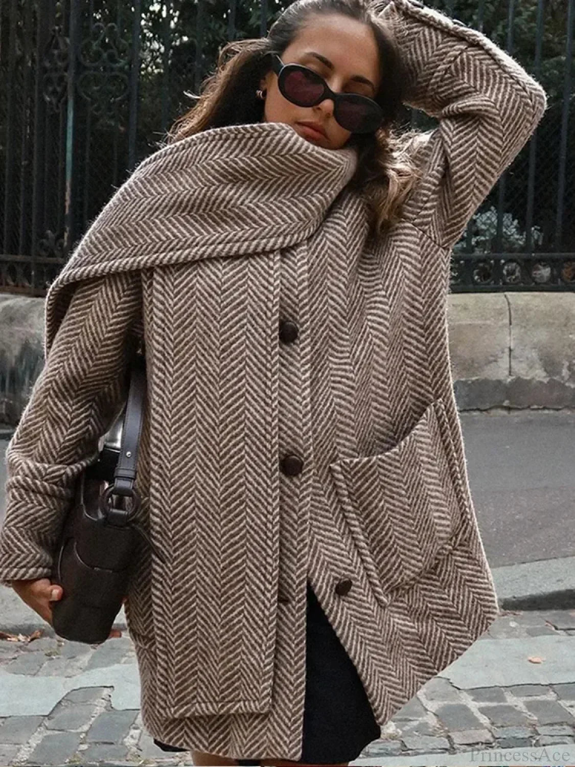 Printed Scarf Collar Woolen Coat